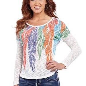 Cowgirl Up Long Sleeve Feather Burnout Top NWT